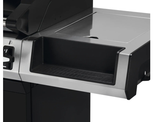 Vue détaillée d''un barbecue à gaz avec espace de rangement et panneau de commande.