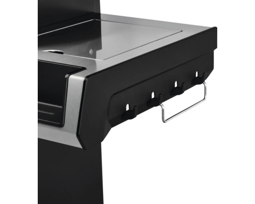 Vue détaillée d''un chariot de barbecue noir avec un porte-crochets et une poignée