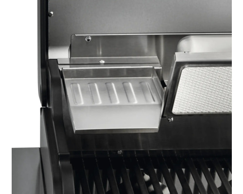 Vue détaillée d''un barbecue avec bac de récupération des graisses.