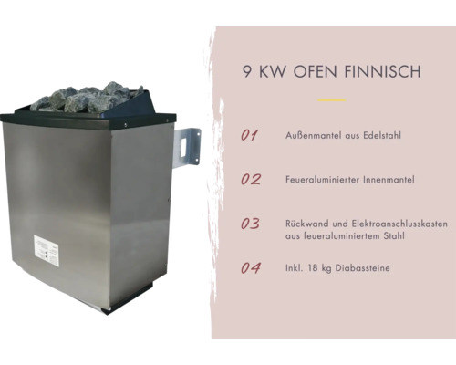 Finnischer 9 Kilowatt Saunaofen mit Edelstahlaußenmantel und 18 Kilogramm Diabassteinen