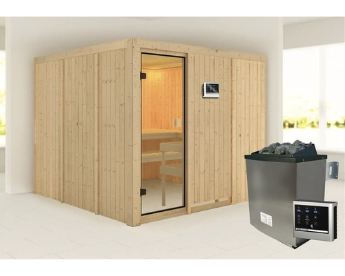 Sauna mit Holzverkleidung, Glastür und Saunaofen