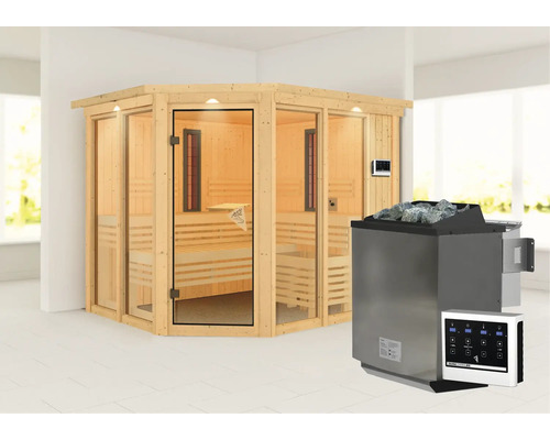 Sauna d''angle en bois avec poêle et commande