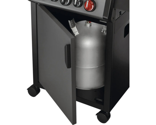 Gril à gaz avec porte ouverte et bouteille de gaz