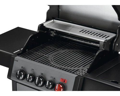 Gril à gaz avec grille, support de maintien au chaud et boutons rotatifs