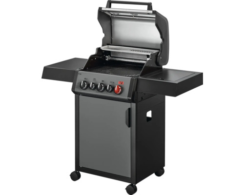 Barbecue à gaz noir avec cinq brûleurs, étagères et placard inférieur.