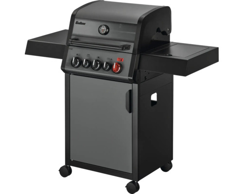 Barbecue à gaz avec quatre brûleurs, tables latérales et armoire basse