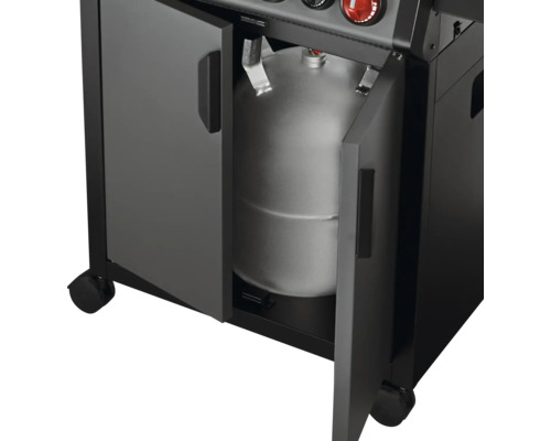 Barbecue à gaz avec porte ouverte, montrant la bouteille de gaz