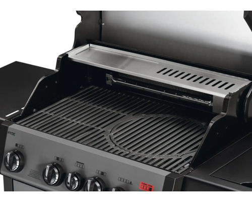 Vue détaillée d''un barbecue à gaz avec grille et étagère de maintien au chaud