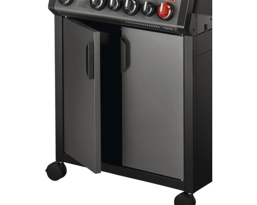 Barbecue à gaz avec armoire basse et roulettes pour une utilisation flexible en extérieur.