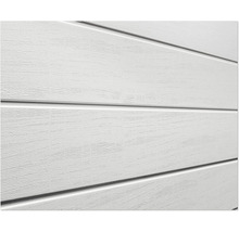 Gros plan d''une surface de porte de garage blanche avec un grain de bois horizontal