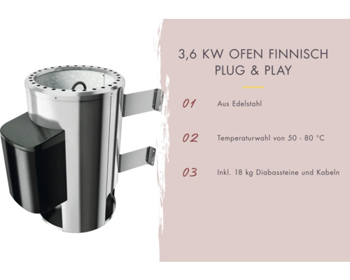 Finnischer 3,6 Kilowatt Saunaofen zur Wandmontage