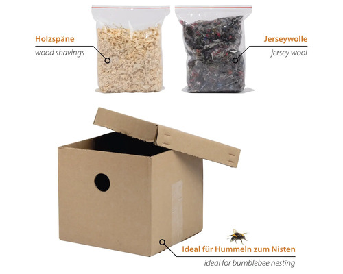 Hummelhaus aus Karton mit Hobelspänen und Trikotwolle