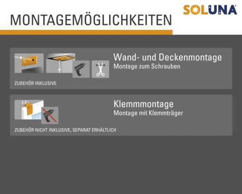 Montageoptionen für Wand und Decke sowie Klemmmontage mit Schrauben und Klemmträgern