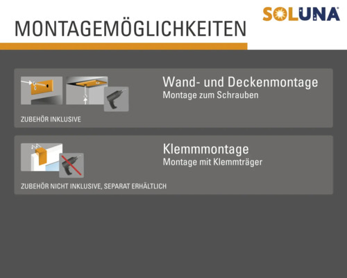 Montageoptionen für Wand- und Deckenmontage sowie Klemmmontage von Soluna
