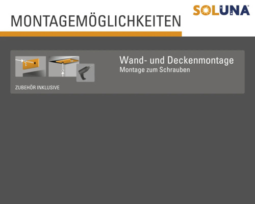 Soluna Logo. Montagemöglichkeiten für Wand- und Deckenmontage mit Schrauben. Zubehör inklusive.