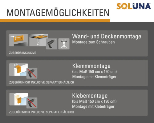 Montagearten für Soluna Produkte: Wand- und Deckenmontage zum Schrauben, Klemmmontage mit Klemmträger, Klebemontage mit Klebeträger.