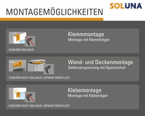 Soluna Montageoptionen: Klemmenmontage, Wand- und Deckenmontage, Klebemontage