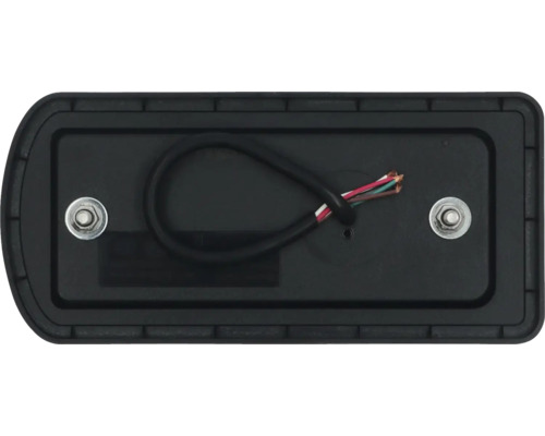 Rückseite einer schwarzen Leuchte mit Kabel und Befestigungsschrauben