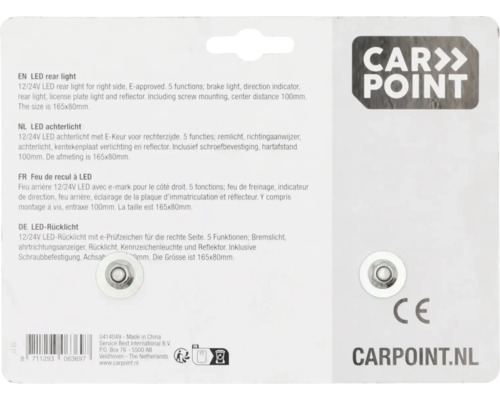 LED-Rücklicht 12/24V mit E-Prüfzeichen für die rechte Seite. Fünf Funktionen: Bremslicht, Fahrtrichtungsanzeiger, Rücklicht, Kennzeichenleuchte und Reflektor. Inklusive Schraubbefestigung