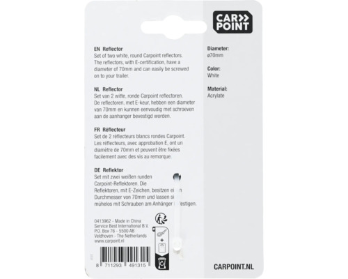 Carpoint Reflektoren Set, zwei weiße runde Reflektoren mit E-Prüfzeichen, Durchmesser 70 Millimeter, Material Acrylat