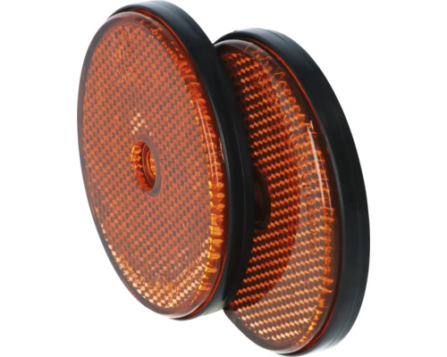Zwei runde, orangefarbene Reflektoren mit schwarzer Umrandung für den Einsatz an Fahrzeugen oder Anhängern.