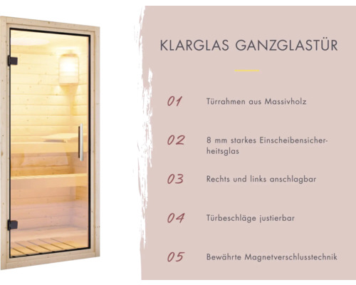 Klarglas Ganzglastür mit Türrahmen aus Massivholz und justierbaren Türbeschlägen