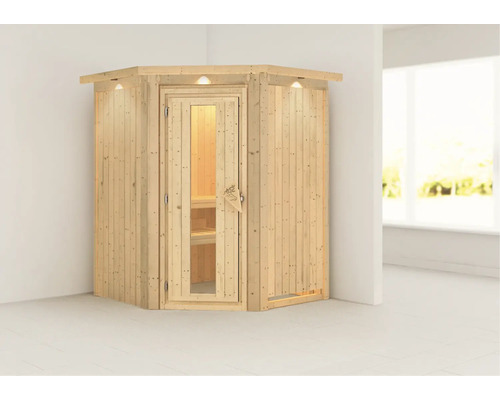 Sauna d''angle en bois avec porte en verre et éclairage