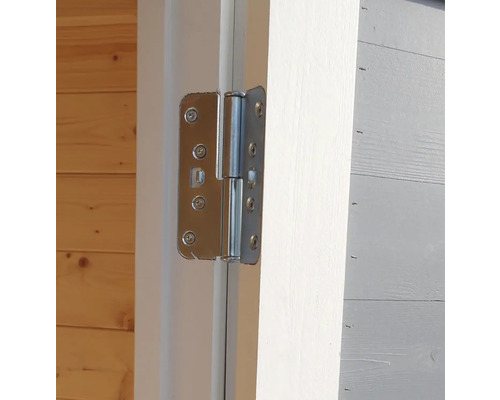 Paumelle de porte en métal fixée sur une porte en bois