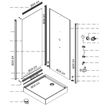 Schéma de montage d''une cabine de douche avec receveur et pièces détachées