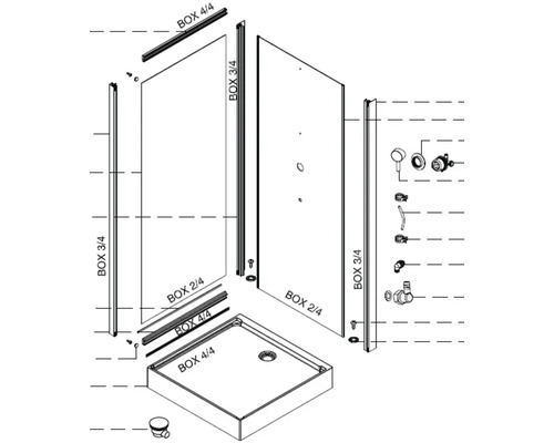Schéma de montage d''une cabine de douche avec receveur et pièces détachées