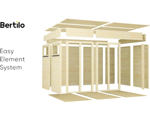 Logo Bertilo. Vue éclatée d''un abri de jardin dans un système d''éléments simple.