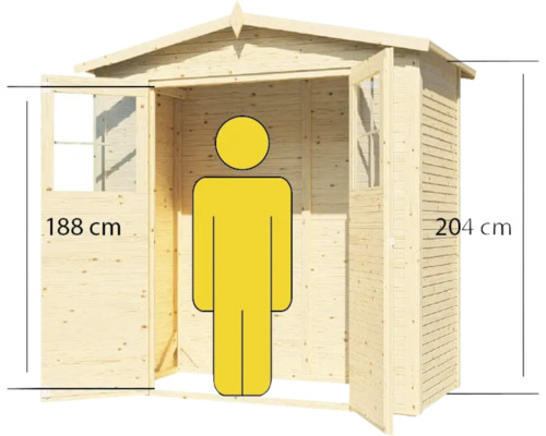 Image d''un abri de jardin en bois avec portes ouvertes et indications de taille