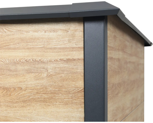 Vue détaillée d''un abri de jardin avec bardage en bois et bordure métallique