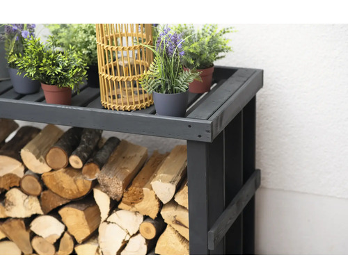 Étagère à bois remplie de bois de chauffage et décorée de plantes