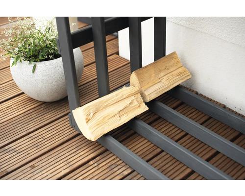 Étagère à bois de chauffage avec bois et plante en pot sur une terrasse