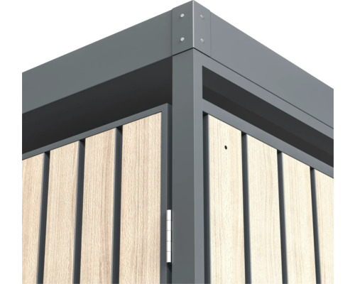 Vue détaillée d''un abri de jardin avec revêtement en bois et cadre métallique
