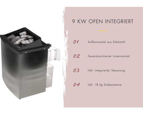 Saunaofen mit 9 Kilowatt Leistung, Edelstahl-Aussenmantel, feuerverzinktem Innenmantel, integrierter Steuerung und 18 Kilogramm Diabassteinen
