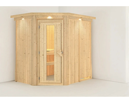Sauna d''angle en bois avec porte en verre et éclairage intérieur