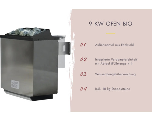 9 Kilowatt Saunaofen Bio mit Edelstahlmantel und Diabassteinen