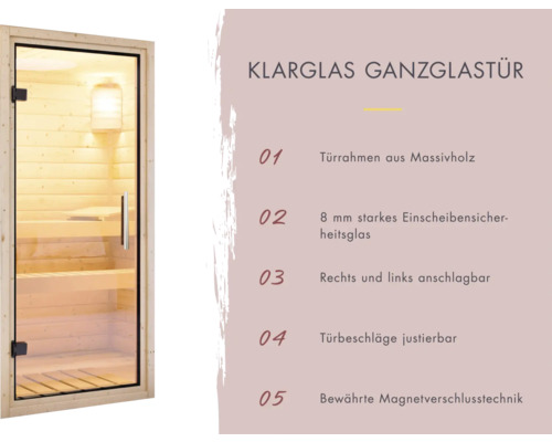 Ganzglastür mit Massivholzrahmen für Sauna