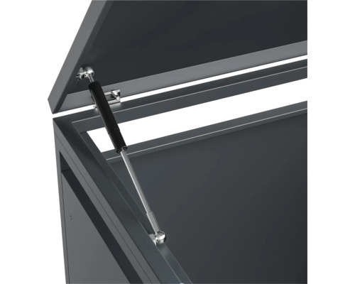 Detailansicht einer geöffneten Aufbewahrungsbox mit Gasdruckfeder