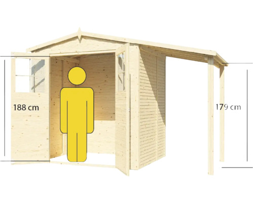 Dimensions d''un abri de jardin en bois avec une hauteur de porte de 188 centimètres et une hauteur de l''auvent de 179 centimètres