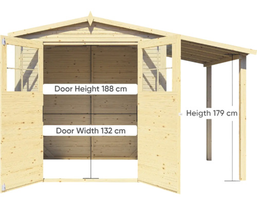 Abri de jardin en bois avec portes doubles ouvertes et carport, hauteur de porte 188 cm, largeur de porte 132 cm, hauteur carport 179 cm