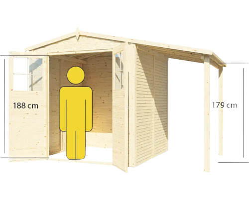 Image d''un abri de jardin en bois avec porte ouverte et auvent latéral, indication de la taille