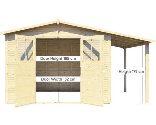 Abri de jardin en bois avec annexe et indications de dimensions