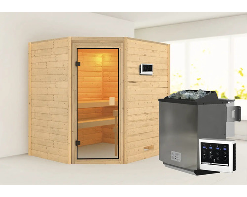 Sauna avec poêle de sauna, pierres et commande