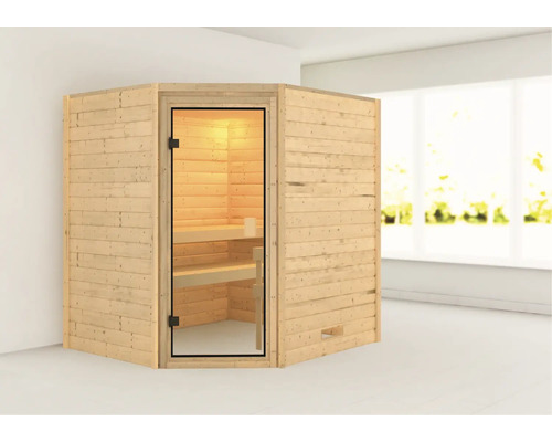 Sauna d''angle en bois avec porte en verre et éclairage intérieur