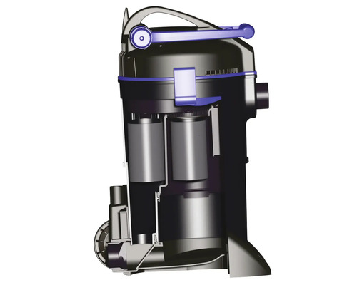 Coupe transversale d''un aspirateur de bassin avec chambres de filtration et poignée de transport