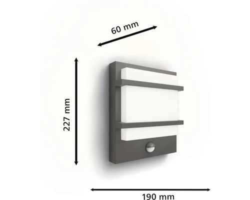 Wandleuchte mit Bewegungsmelder und den Maßen 227 mm Höhe, 190 mm Breite und 60 mm Tiefe.