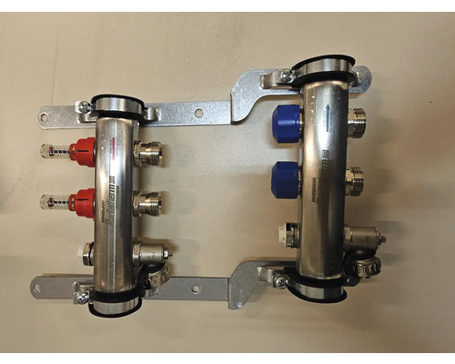Distributeur de circuit de chauffage avec débitmètre et vannes bleues pour montage